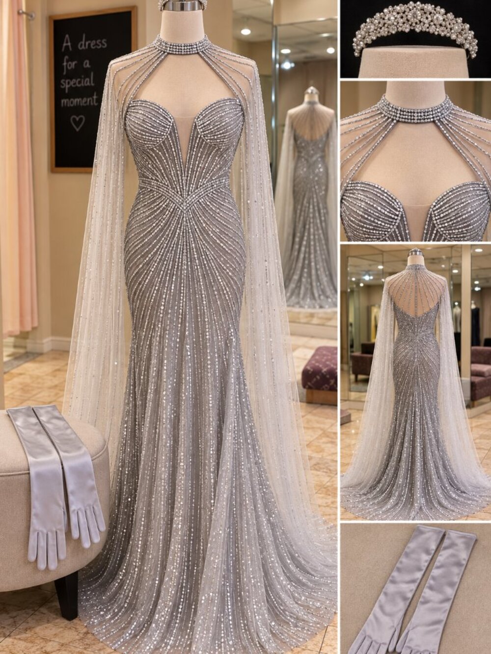 Lucci Lu Silver Prom Dress Size 10 + Cape, Gloves & Tiara